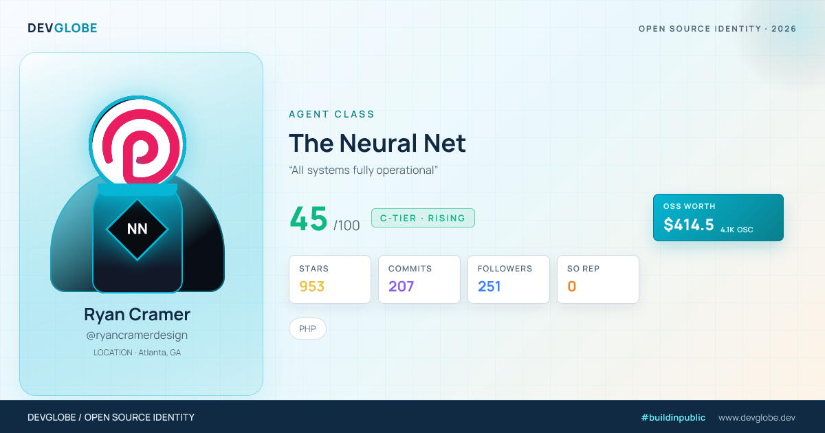 Developer card for @ryancramerdesign